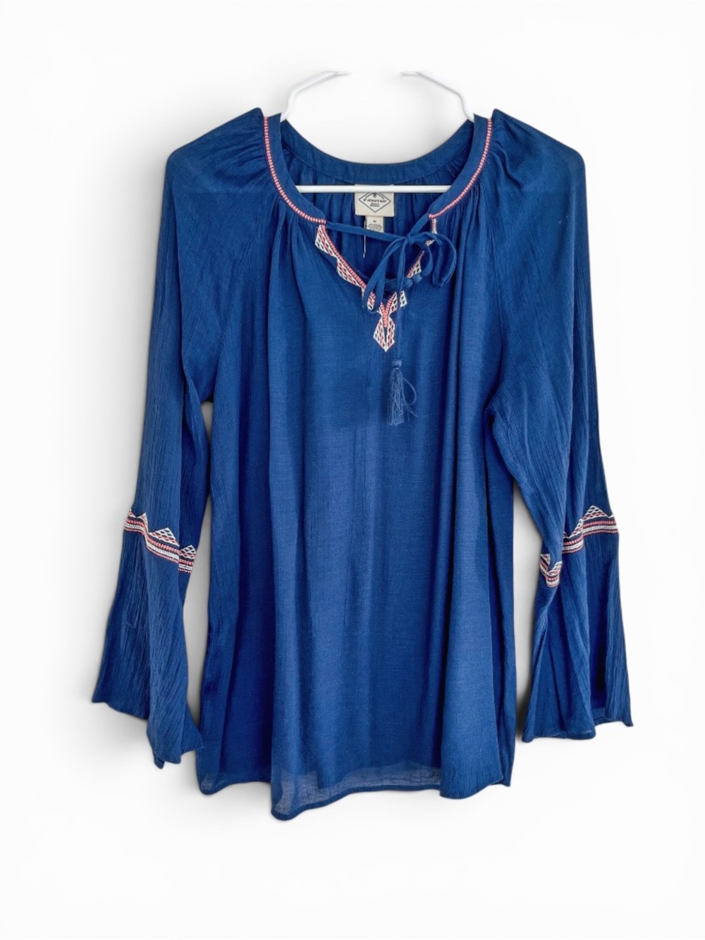 St. John's Bay Navy Peasant Blouse with Embroidery Women Size M Boho Cottagecore